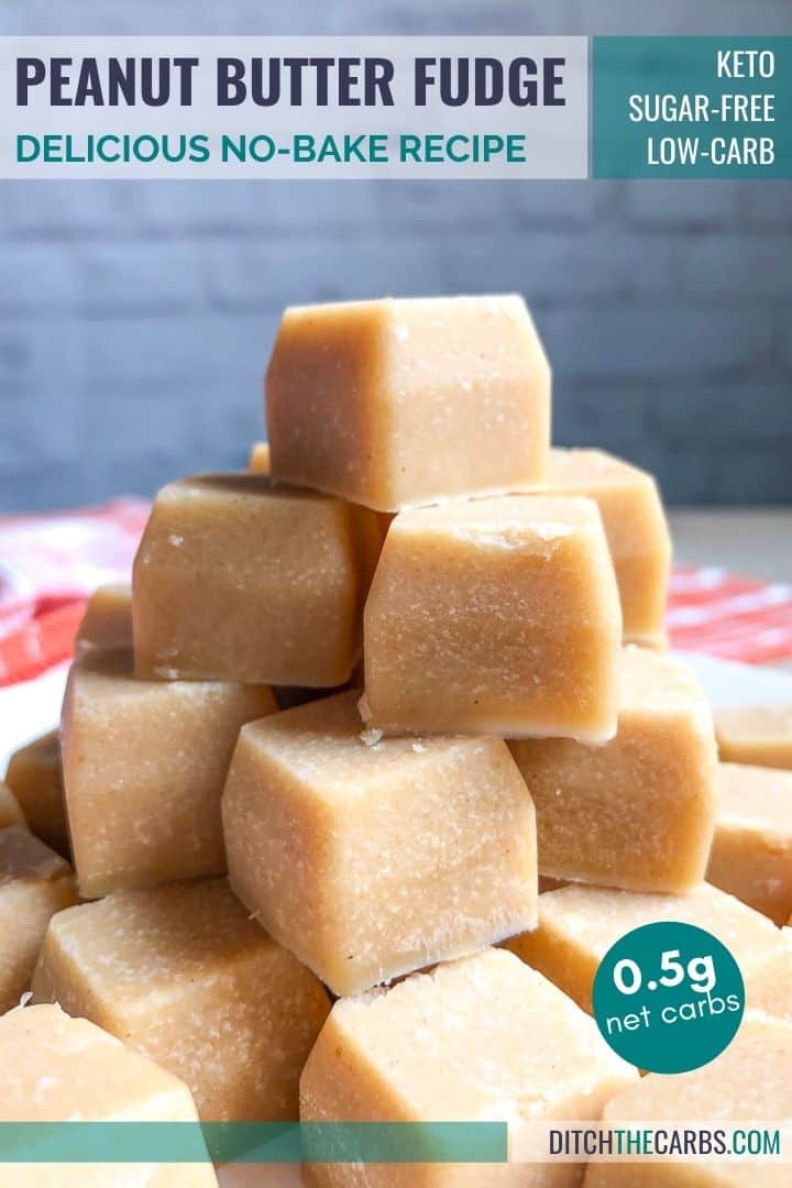 Close up image of keto peanut butter fudge stacked neatly in a pyramid.