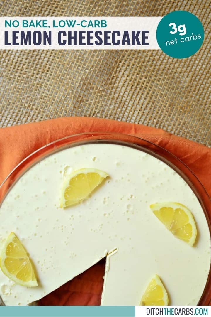 no-bake lemon cheesecake in a glass dish over a orange napkin