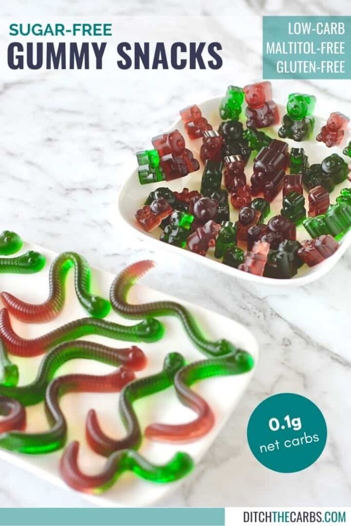 sugar free gummy worms and bears in white bowls