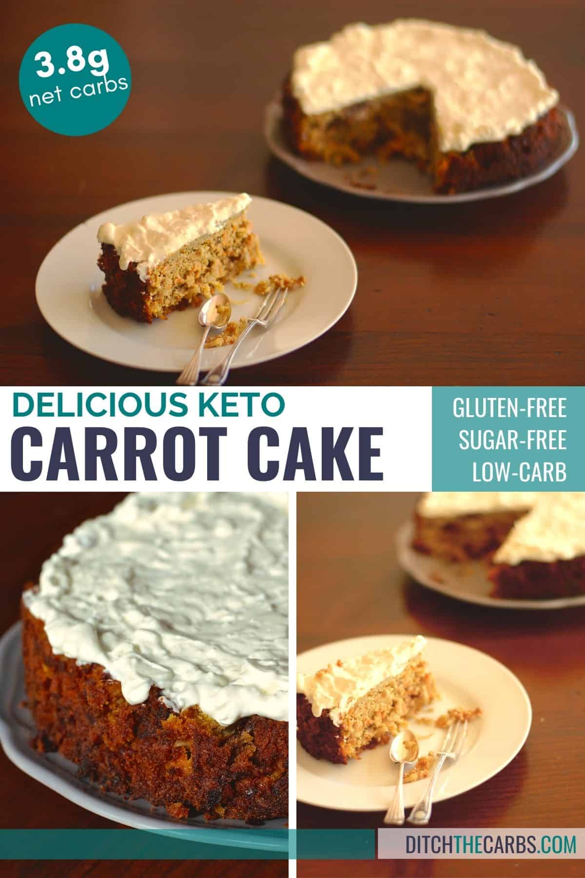 sliced keto carrot cake on a dark tabel with cream cheese frosting and silver cutlery