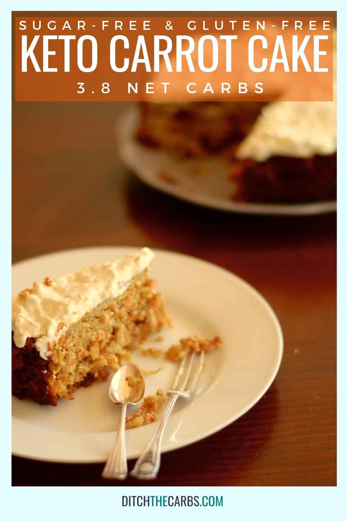 sliced keto carrot cake on a dark table with cream cheese frosting and silver cutlery