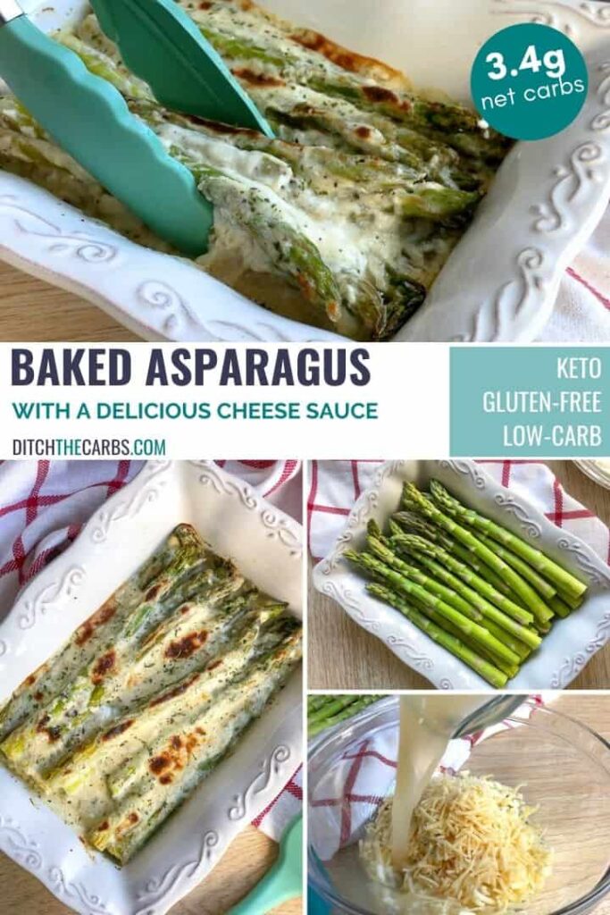 collage of keto cheesy baked asparagus in a white roasting tray