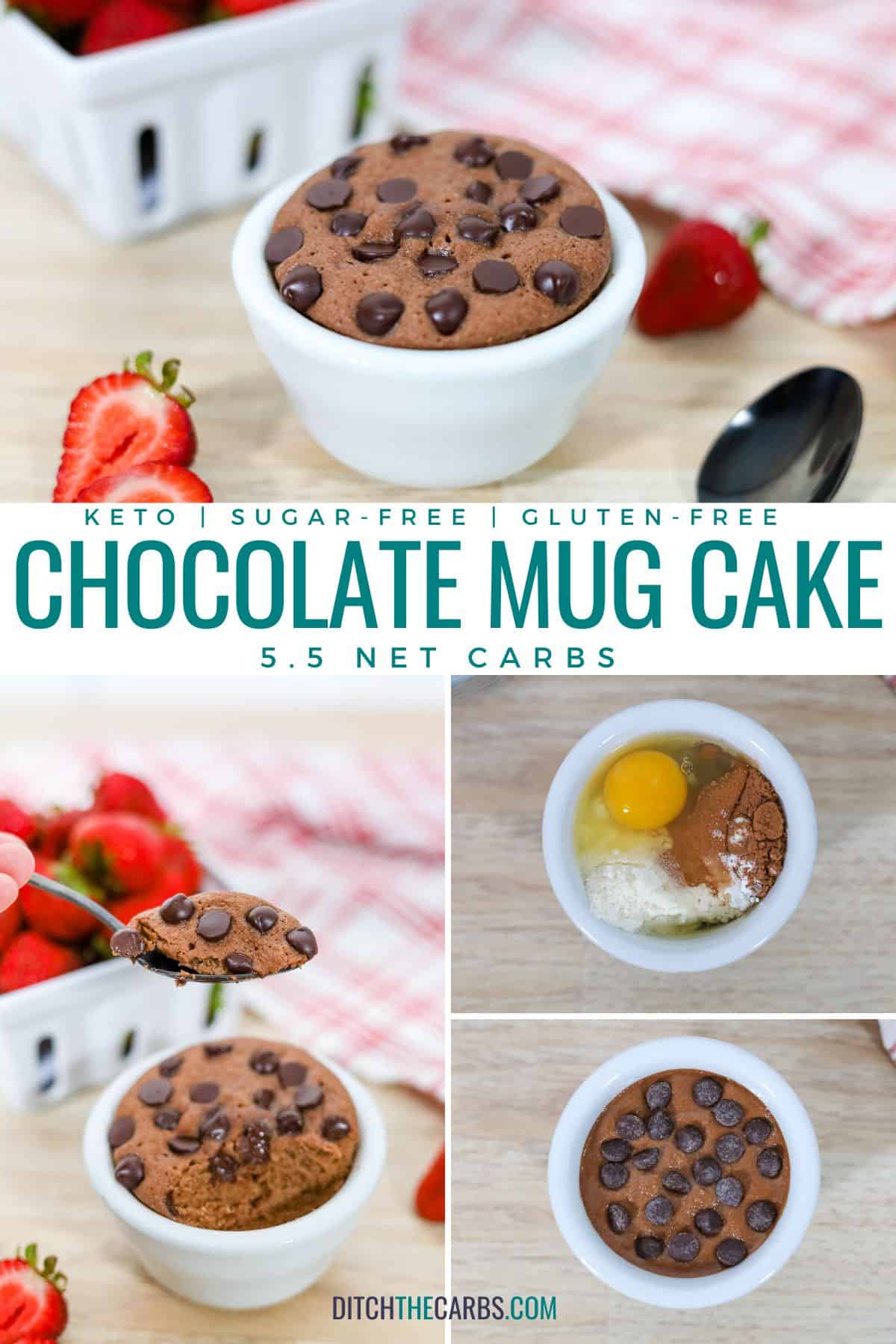 collage of how to make chocolate keto mug cakes