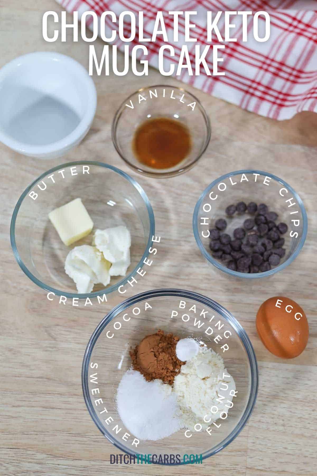 ingredients labelled to make a chocolate keto mug cake