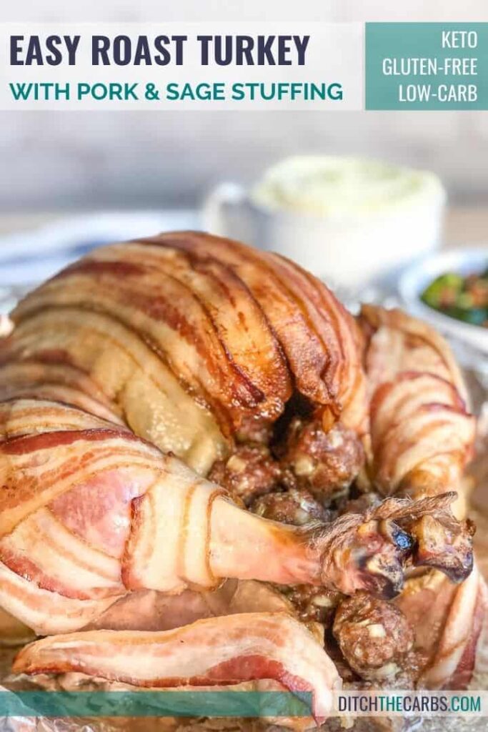 how to cook a roast turkey covered in bacon and served on a carving dish