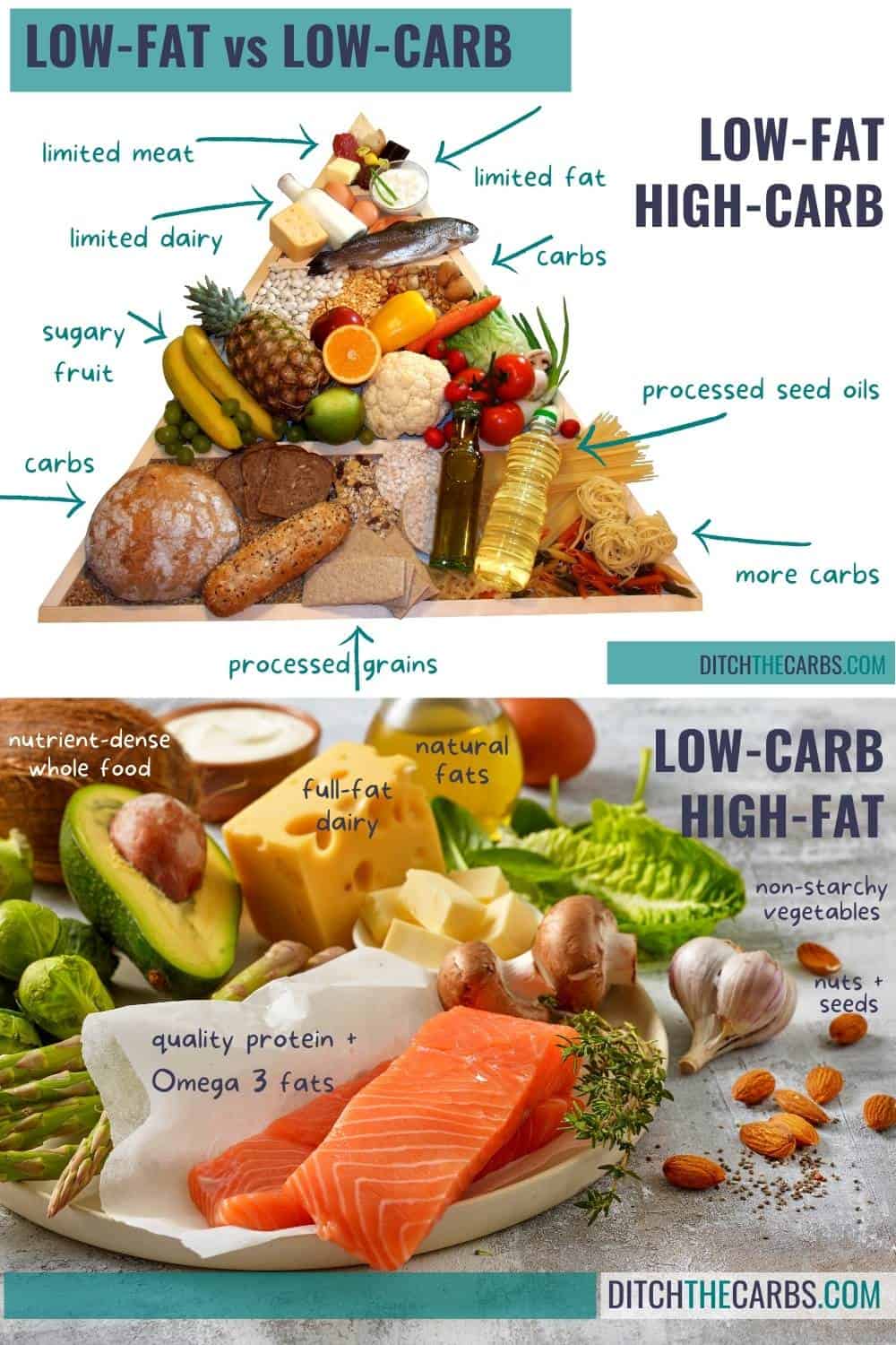 low carb vs low fat diet showing 2 different food pyramids