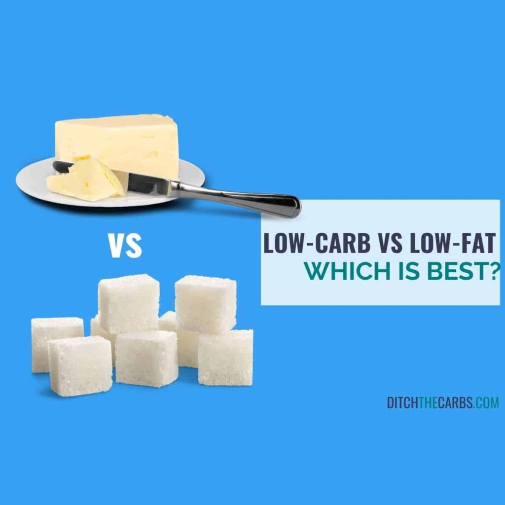 low carb vs low fat diet showing sugar versus butter on a blue background