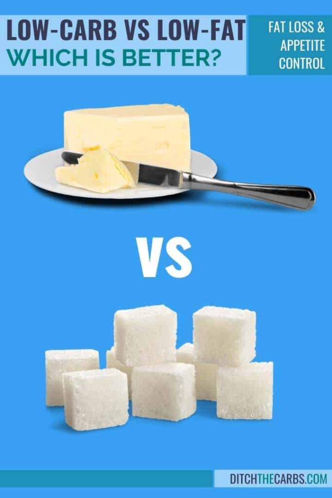 low carb vs low fat diet showing sugar versus butter on a blue background