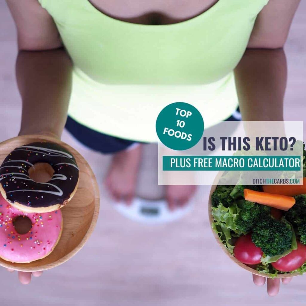 girl standing on scales asking is this keto holding donut and salad