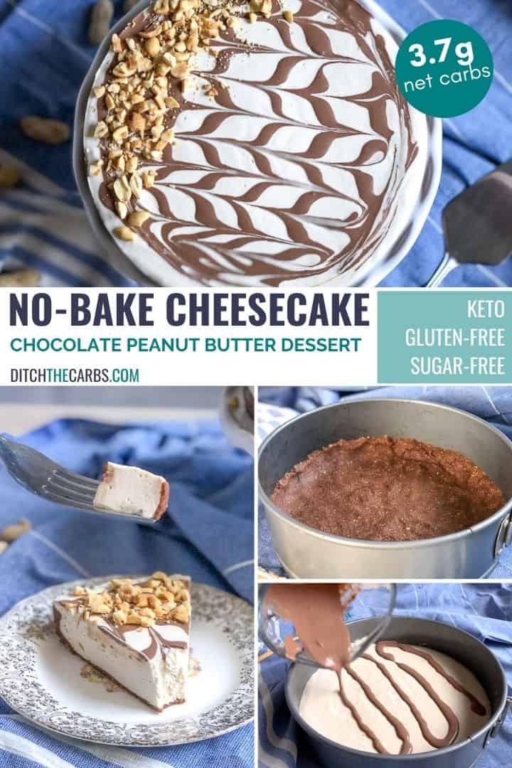 collage of Keto chocolate peanut butter cheesecake preparing and serving images