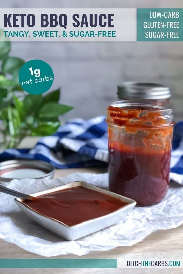 Keto BBQ sauce poured into a small square dish for dipping. The jar of BBQ sauce is in the background.