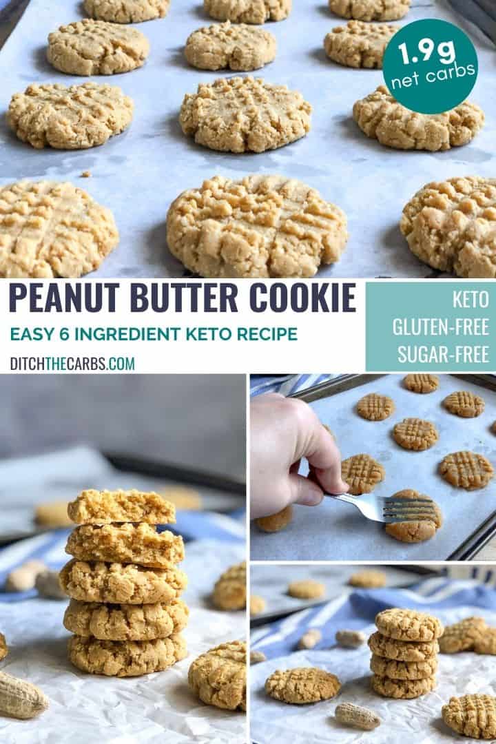 A collage of pictures showing keto peanut butter cookies being made. Shows finished cookies and cookies being pressed with a fork.