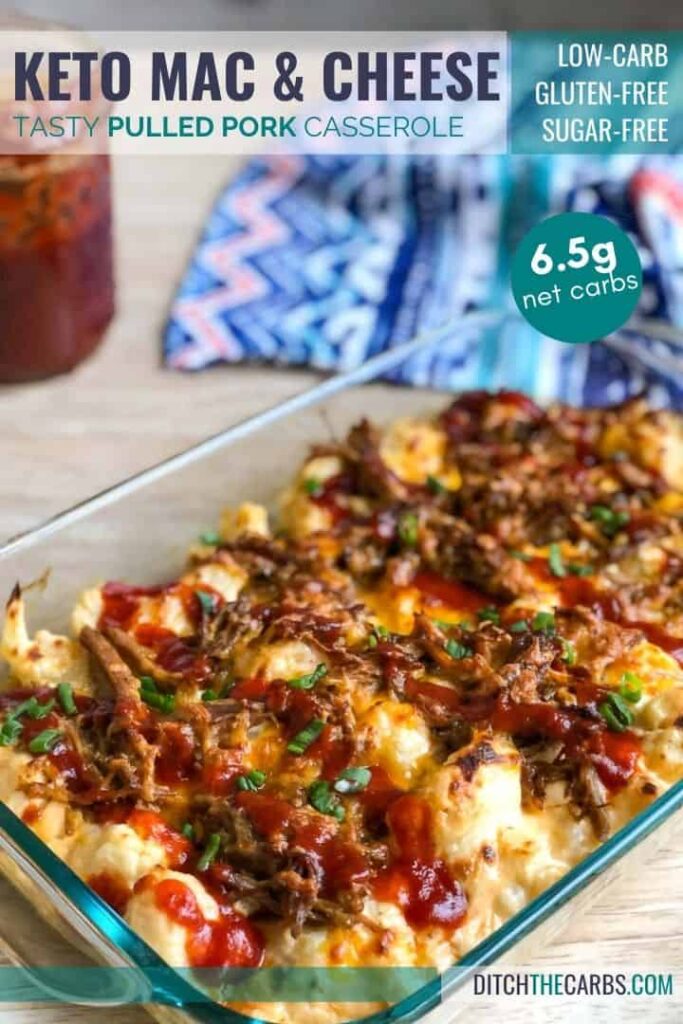pulled pork mac and cheese in a glass baking dish