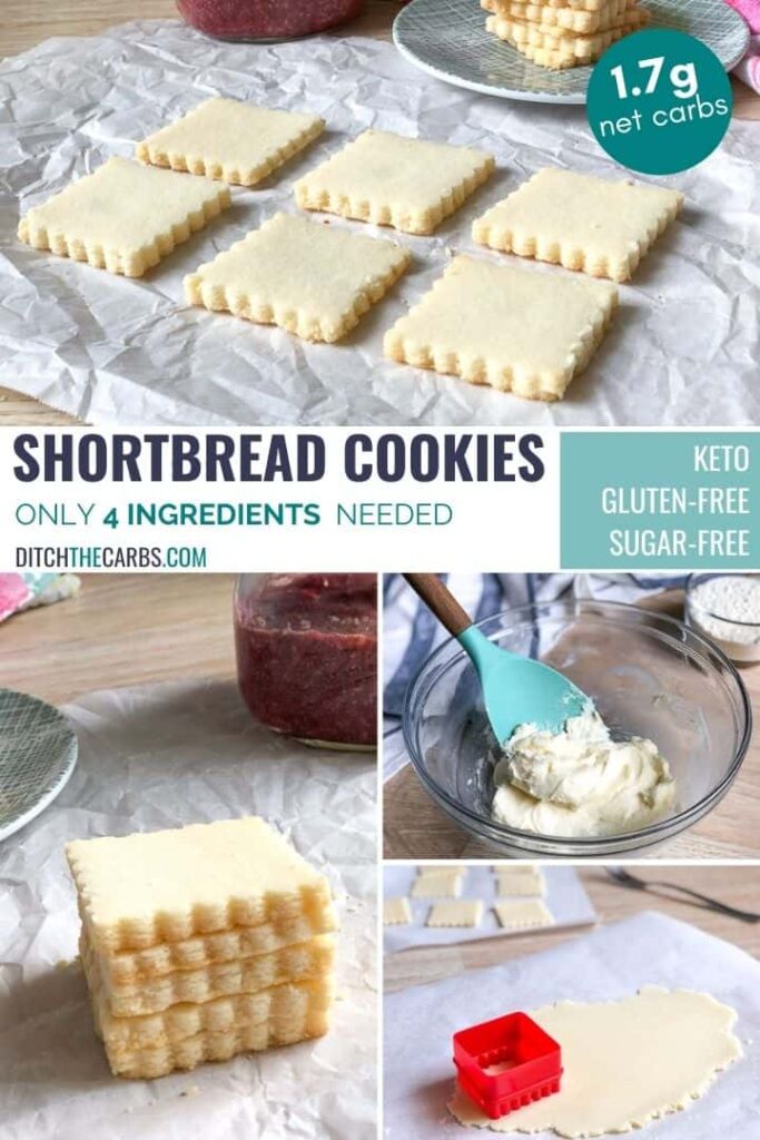 Four images showing how to make keto shortbread cookies and how to serve them