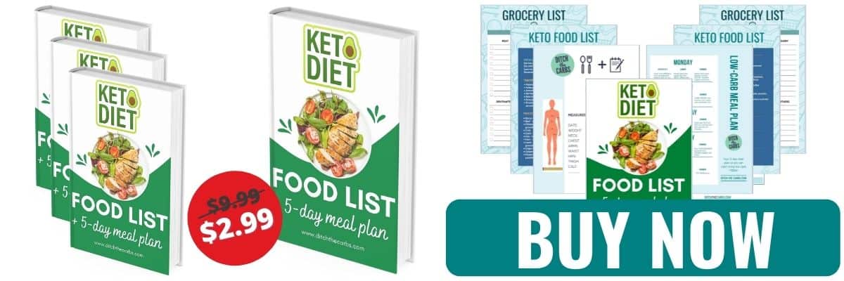 mockup of the keto diet food list on various devices and a buy now button