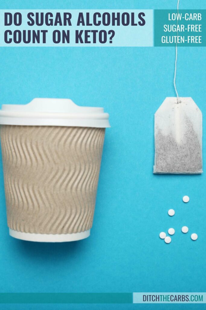 coffee cup and tea bag with sweeteners on a blue background