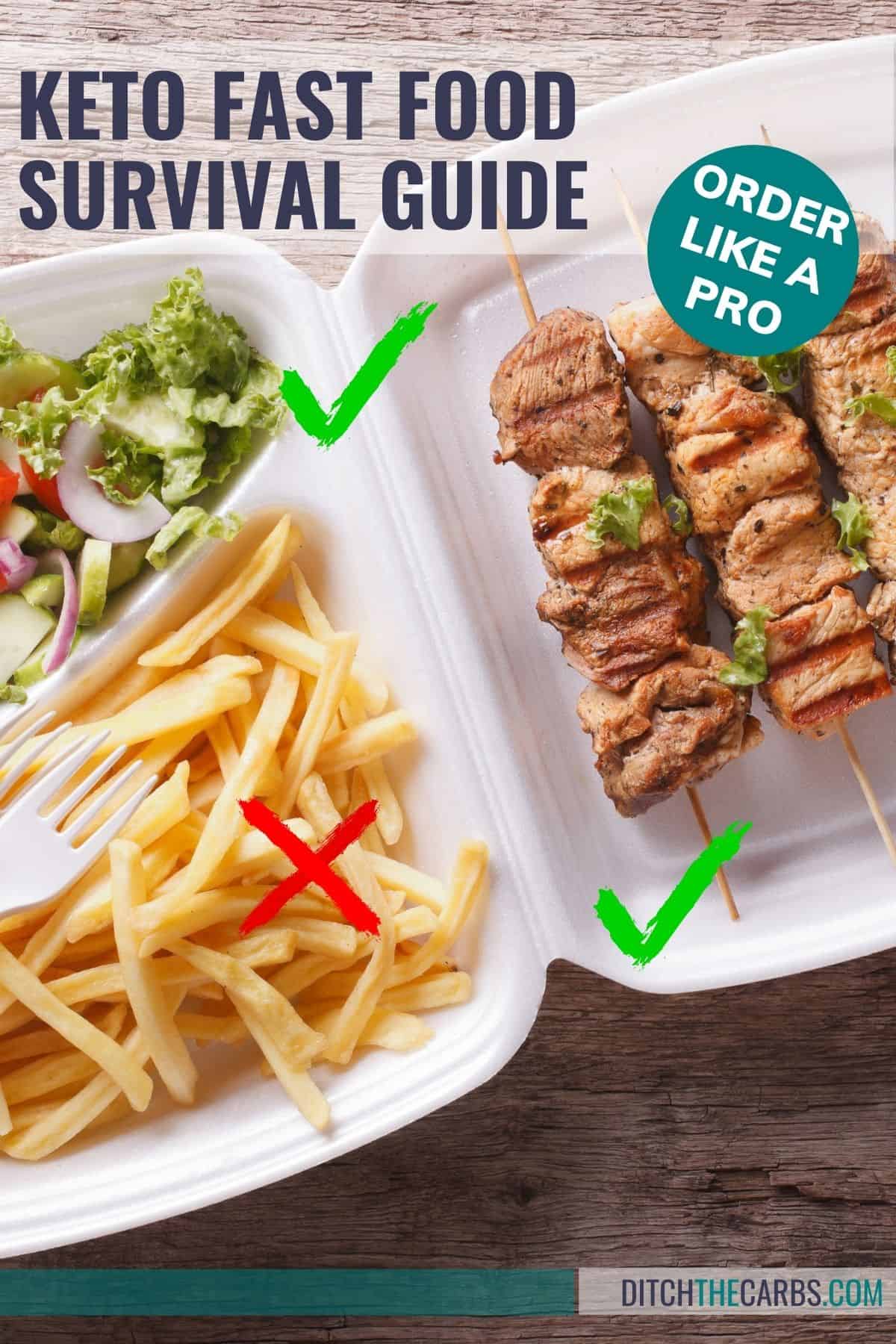 take out container with chicken kebabs and fries