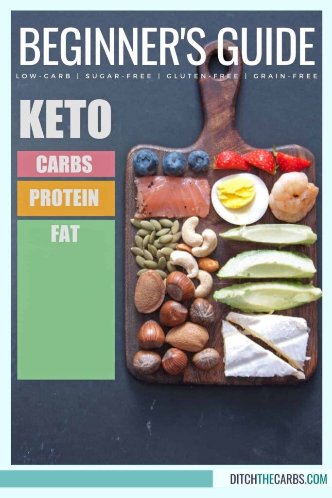 wooden chopping board with whole food and bar graph of keto macro nutrients