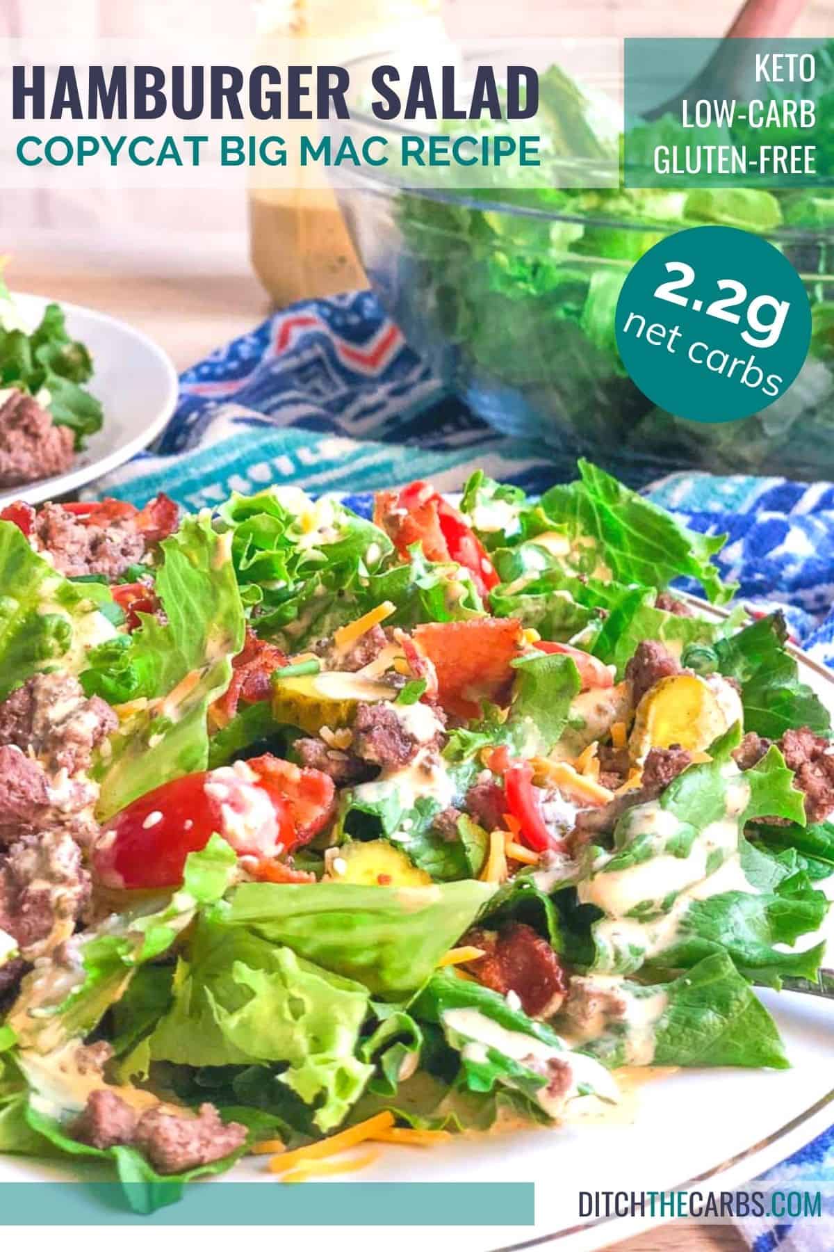 Close up picture of keto hamburger  salad showing halt the plate. Another plate and a bowl of lettuce is in the background.