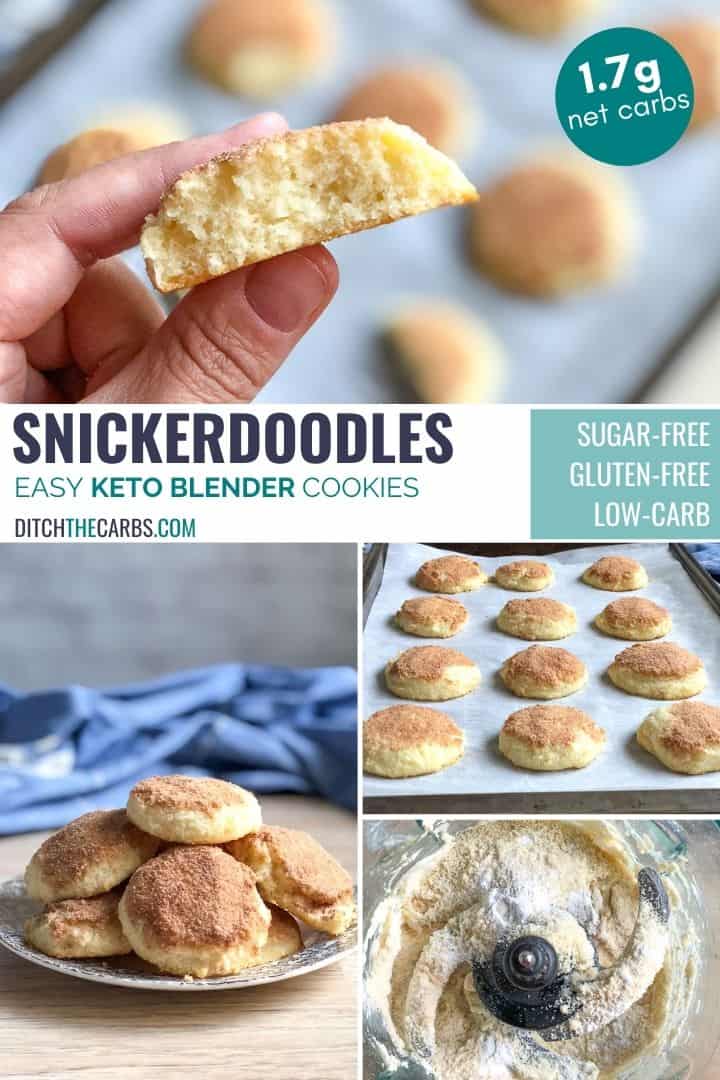 A collage of pictures showing different steps in making keto snickerdoodle cookies.
