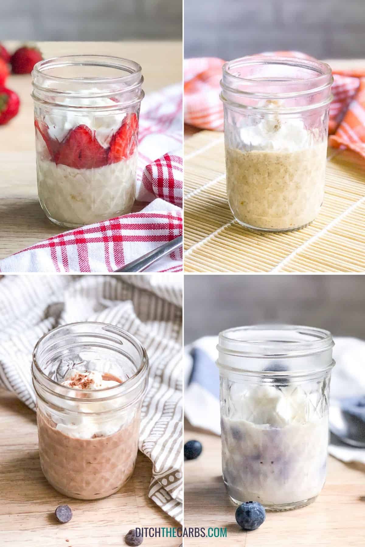 A collage of 4 pictures showing a strawberry, pumpkin spice, "Nutella", and blueberry mug cheesecake in a clear glass jar.
