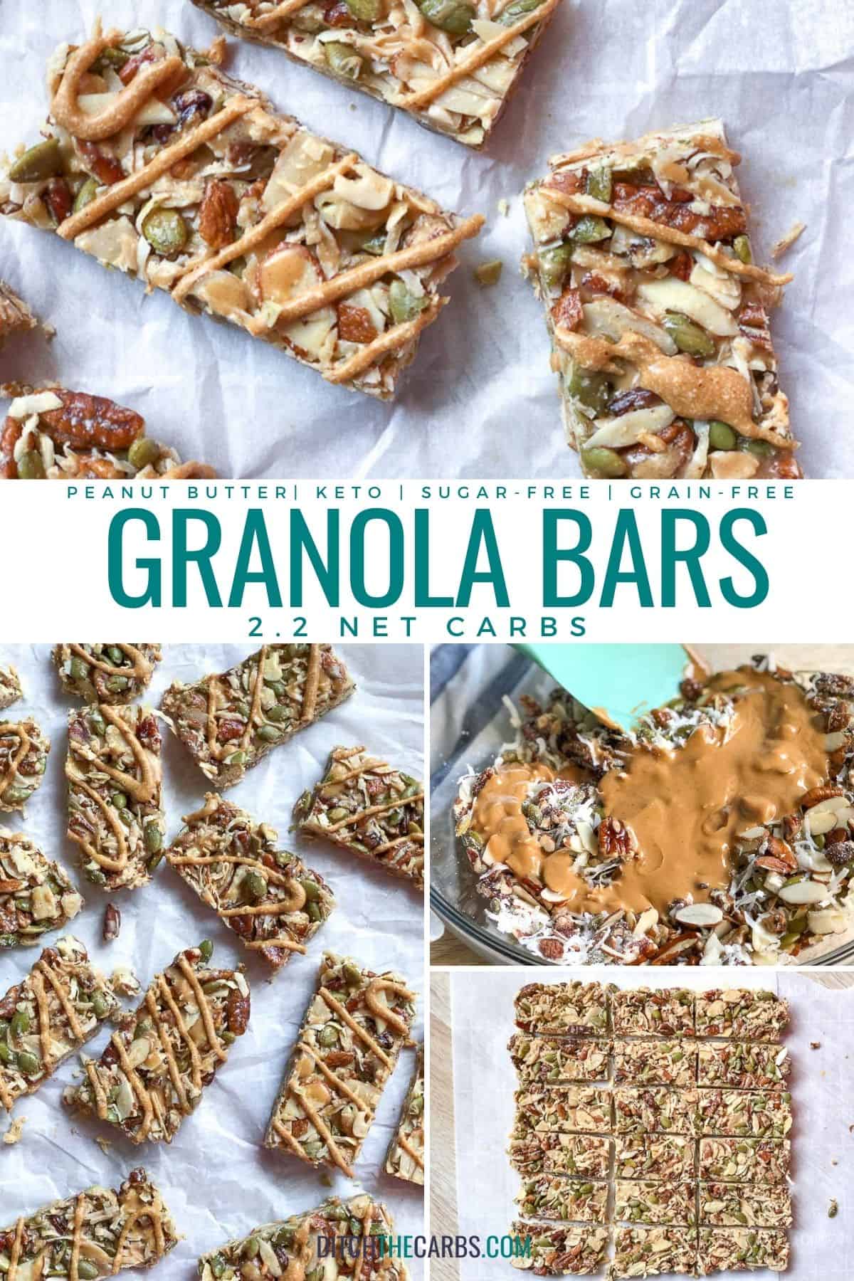 A collage of images showing peanut butter keto granola bars being made at different stages.