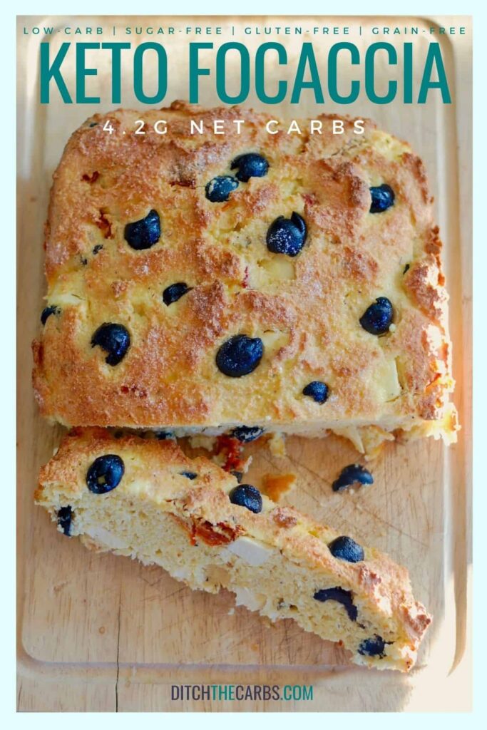 sliced focaccia bread stuffed with feta and sun-dried tomatoes