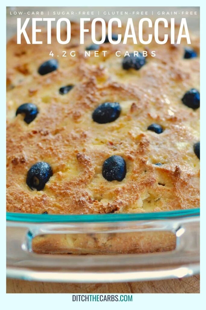 baked focaccia bread in a glass baking dish
