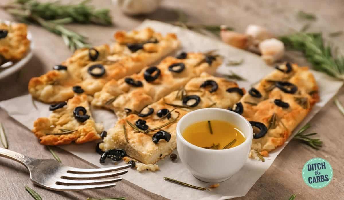 traditional focaccia bread served with extra virgin olive oil, salt and rosemary on a bread board