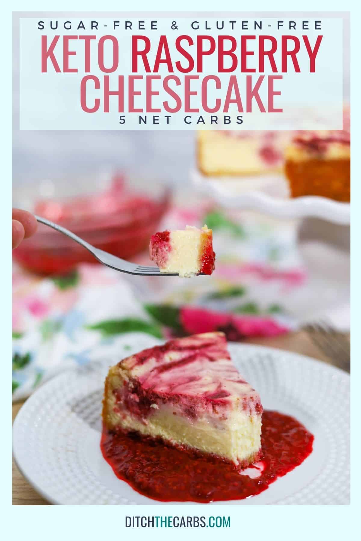 a slice of keto raspberry cheesecake on a white plate and a silver fork