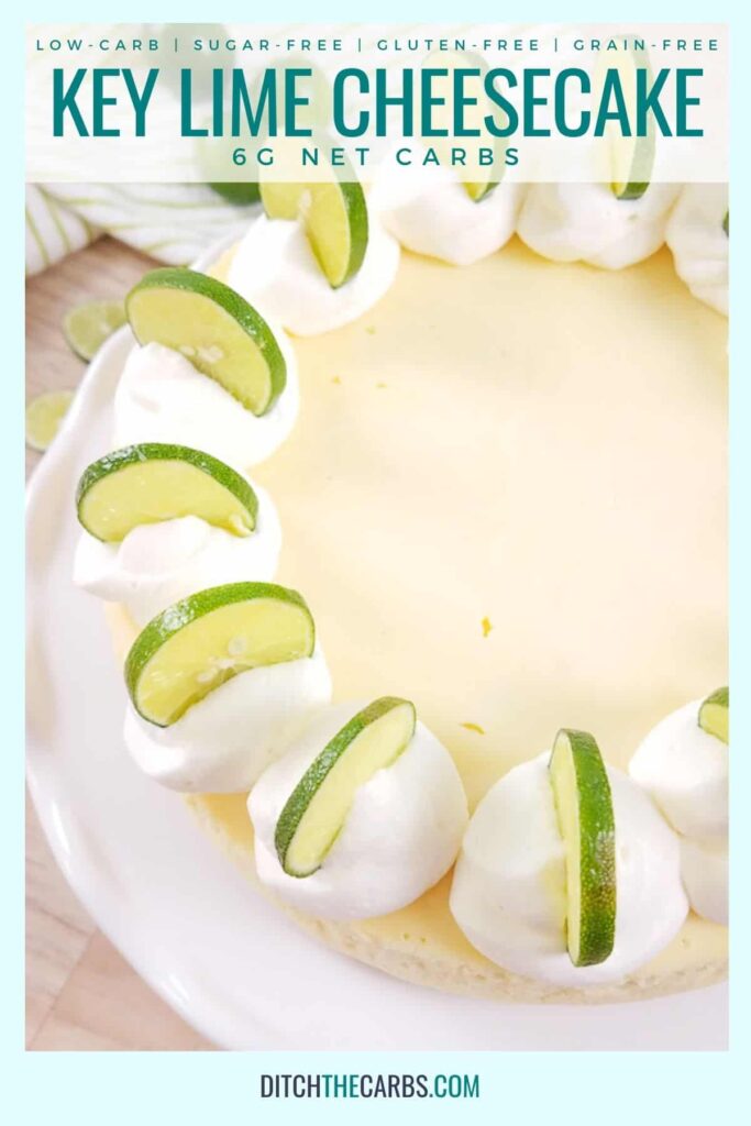 whole key lime cheesecake on a white plate