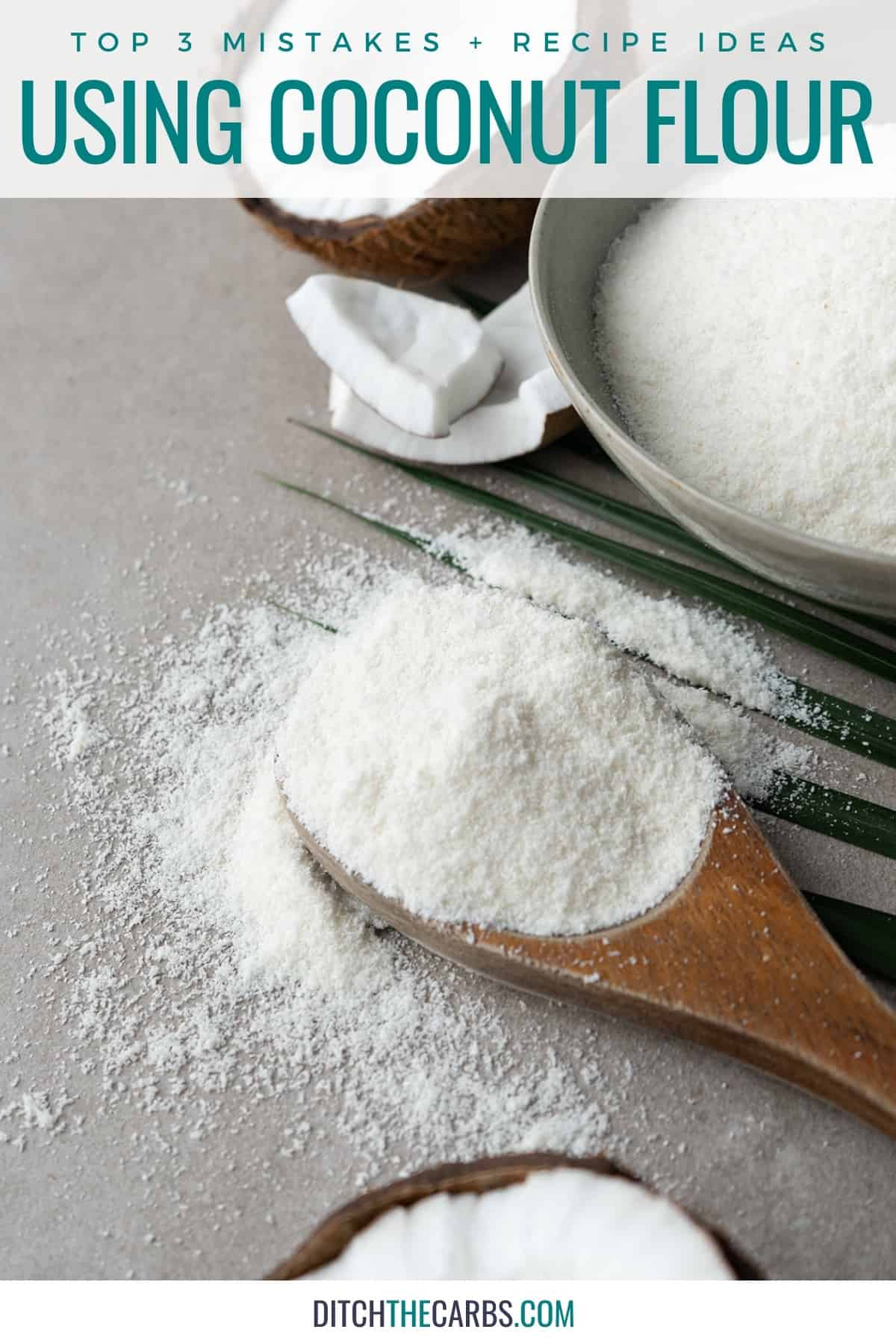 coconut flour in a wooden spoon and bowls