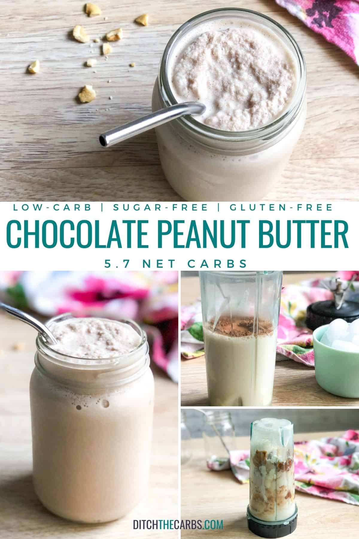 A collage of pictures showing show to make the chocolate peanut butter smoothie. 