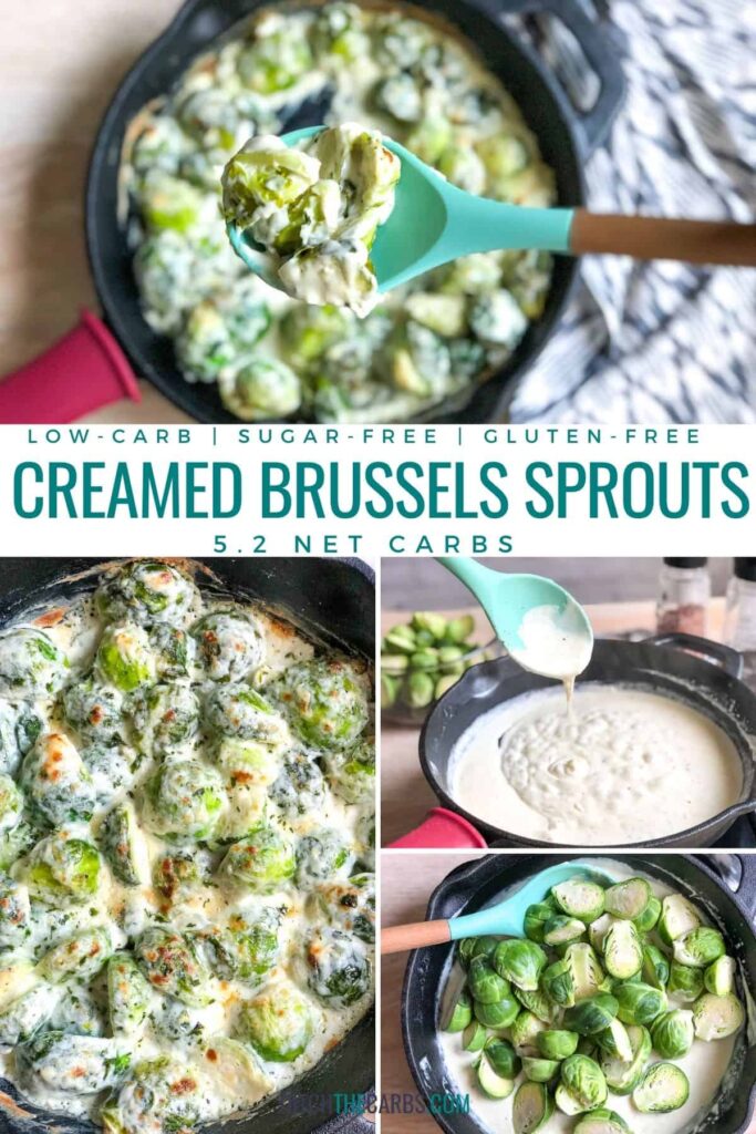 A collage of pictures showing creamed brussels sprouts being make. One shows a spoon lifting some of the sprouts out of a skillet. The others show the cheese sauce being made.