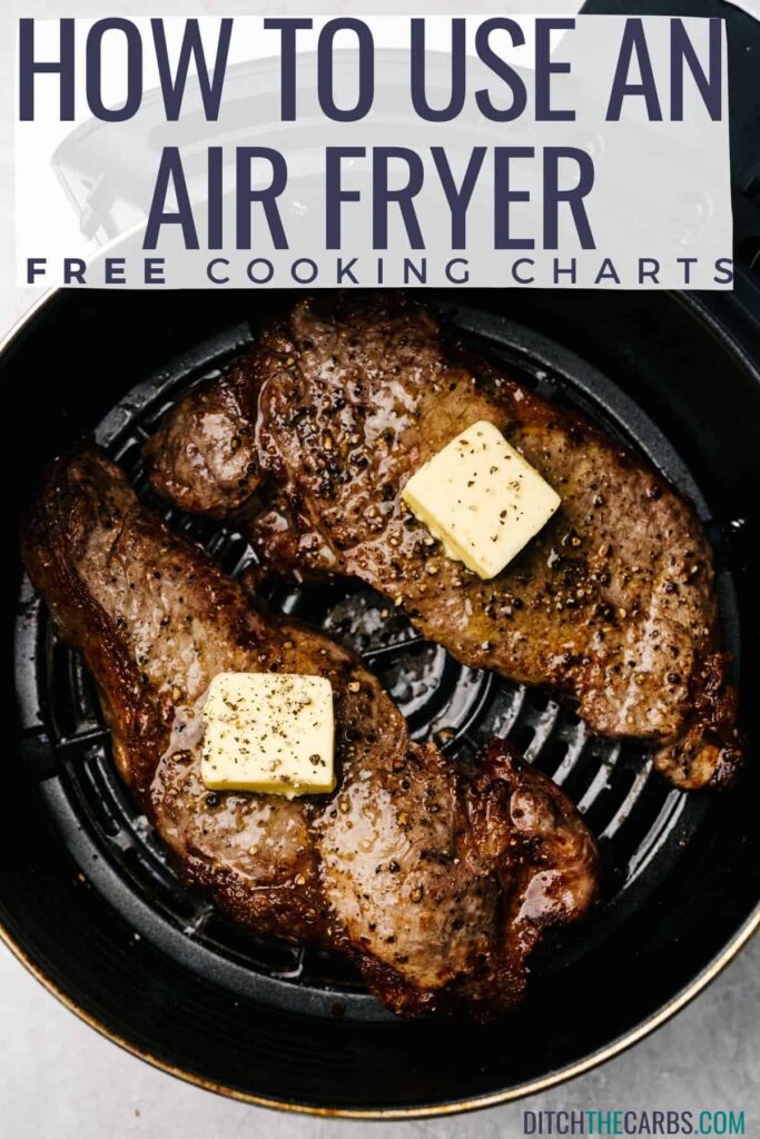 close up of an air fryer cooking 2 steaks