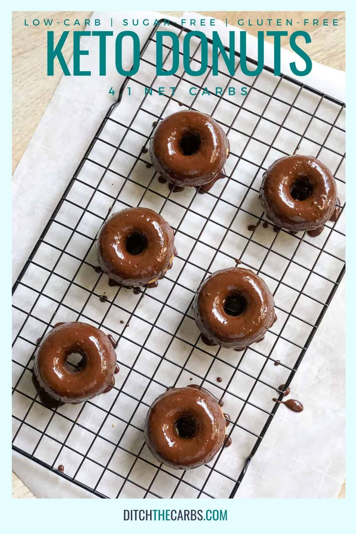 Keto donuts with chocolate icing on a wire cooling rack