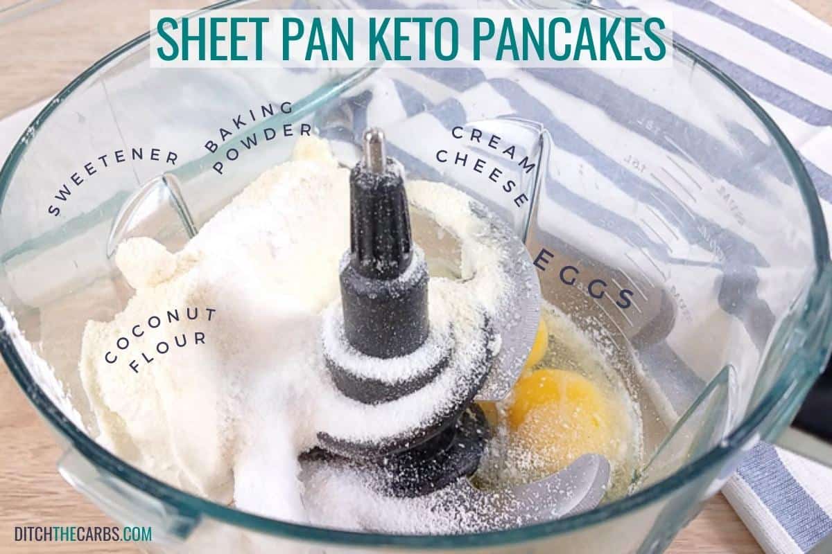 labelled ingredients for making sheet pan keto pancakes