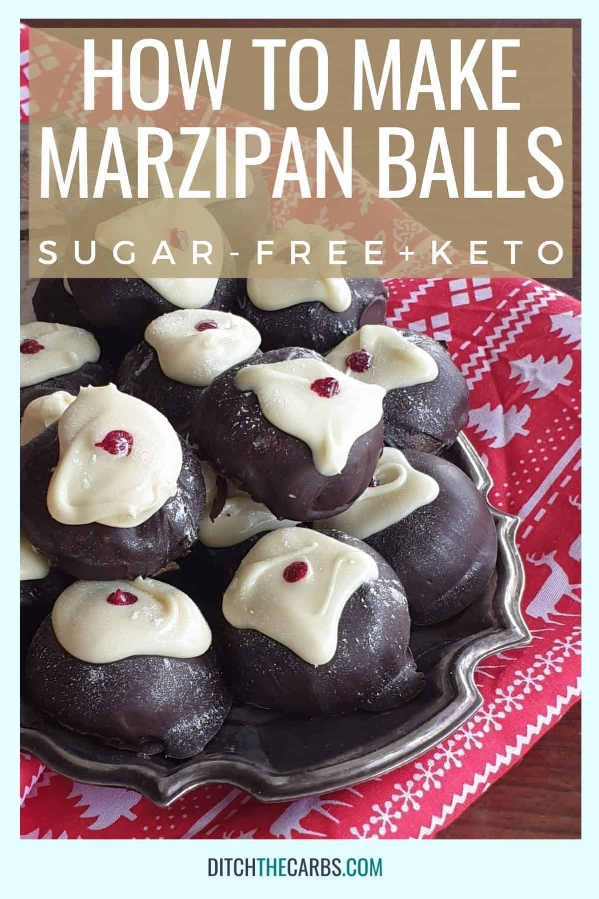 homemade keto sugar-free marzipan balls dipped in chocolate on a silver plate