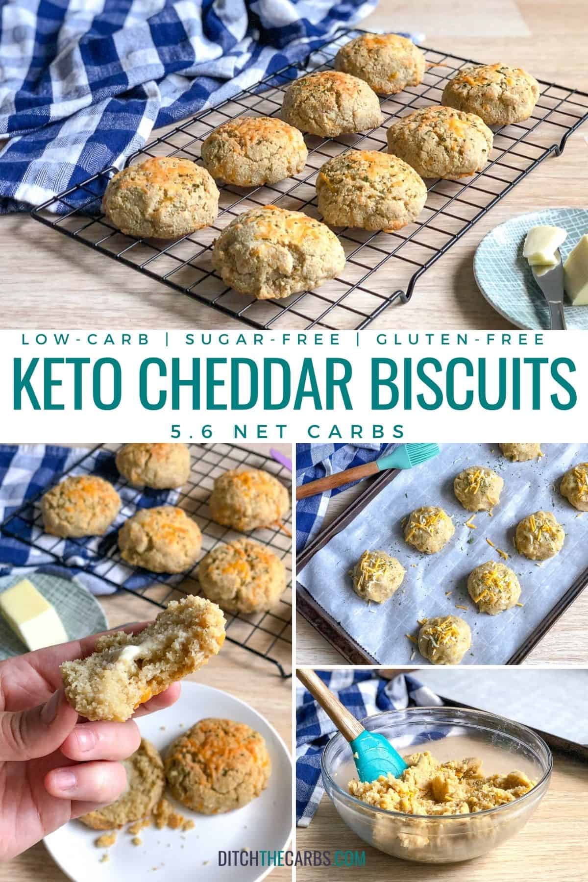 A collage of pictures showing stages of making keto cheddar biscuits.