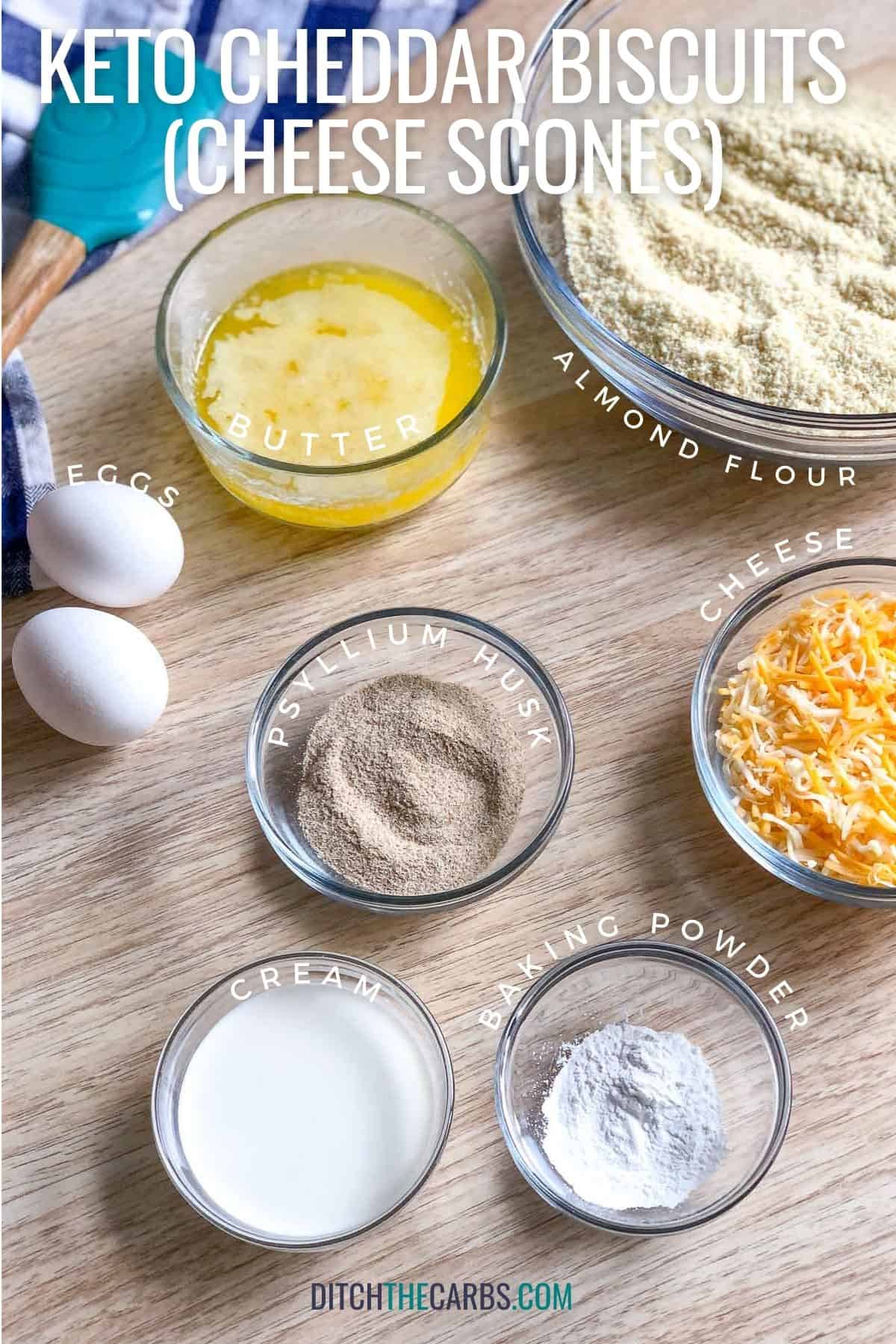 labelled ingredients to make keto cheddar biscuits