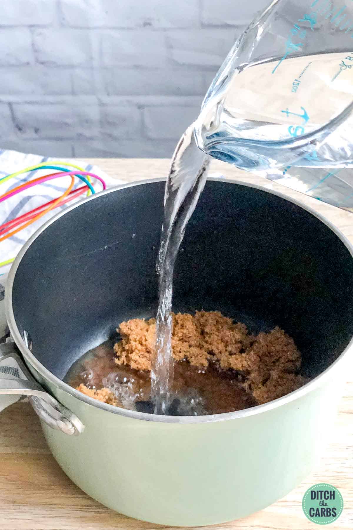 Pot of ingredients for keto maple syrup
