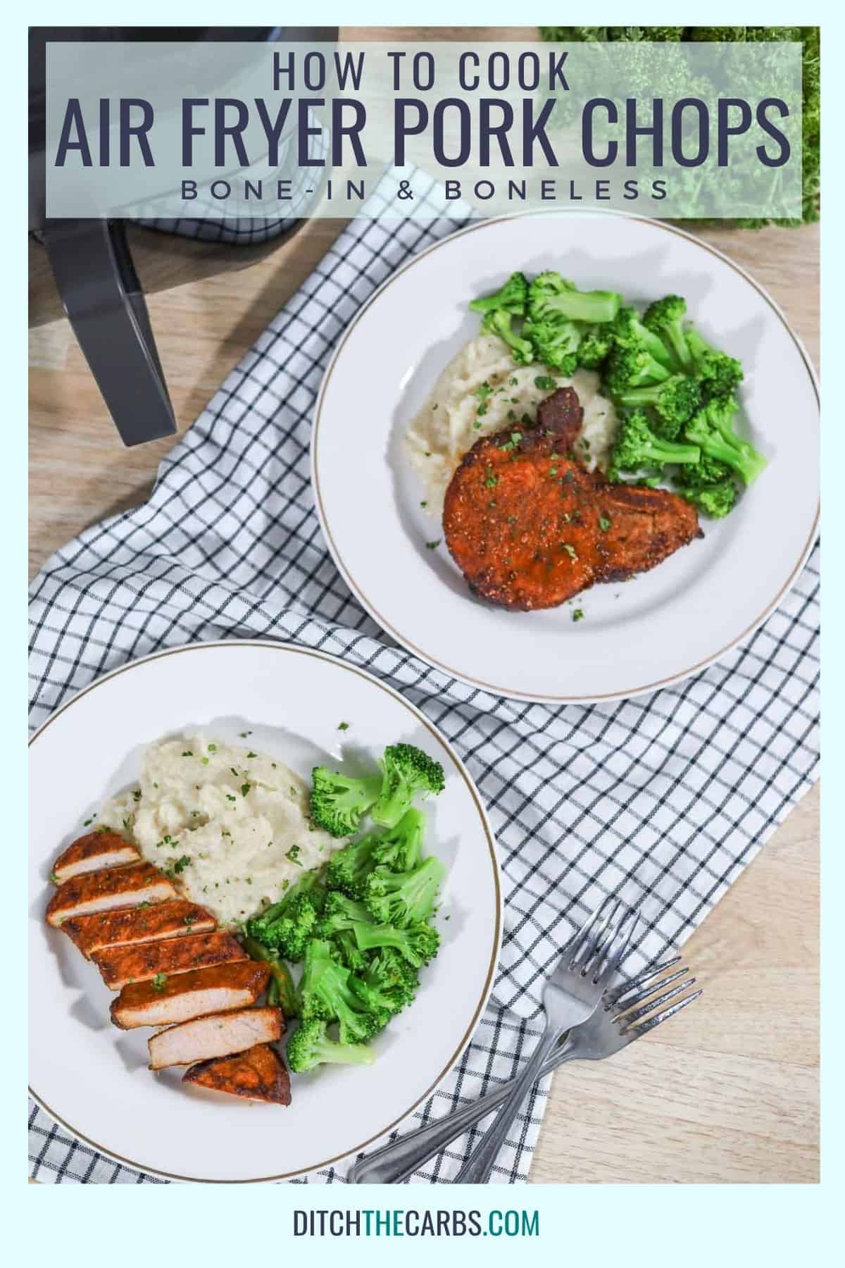 2 plates of pork chops with mashed cauliflower and broccoli
