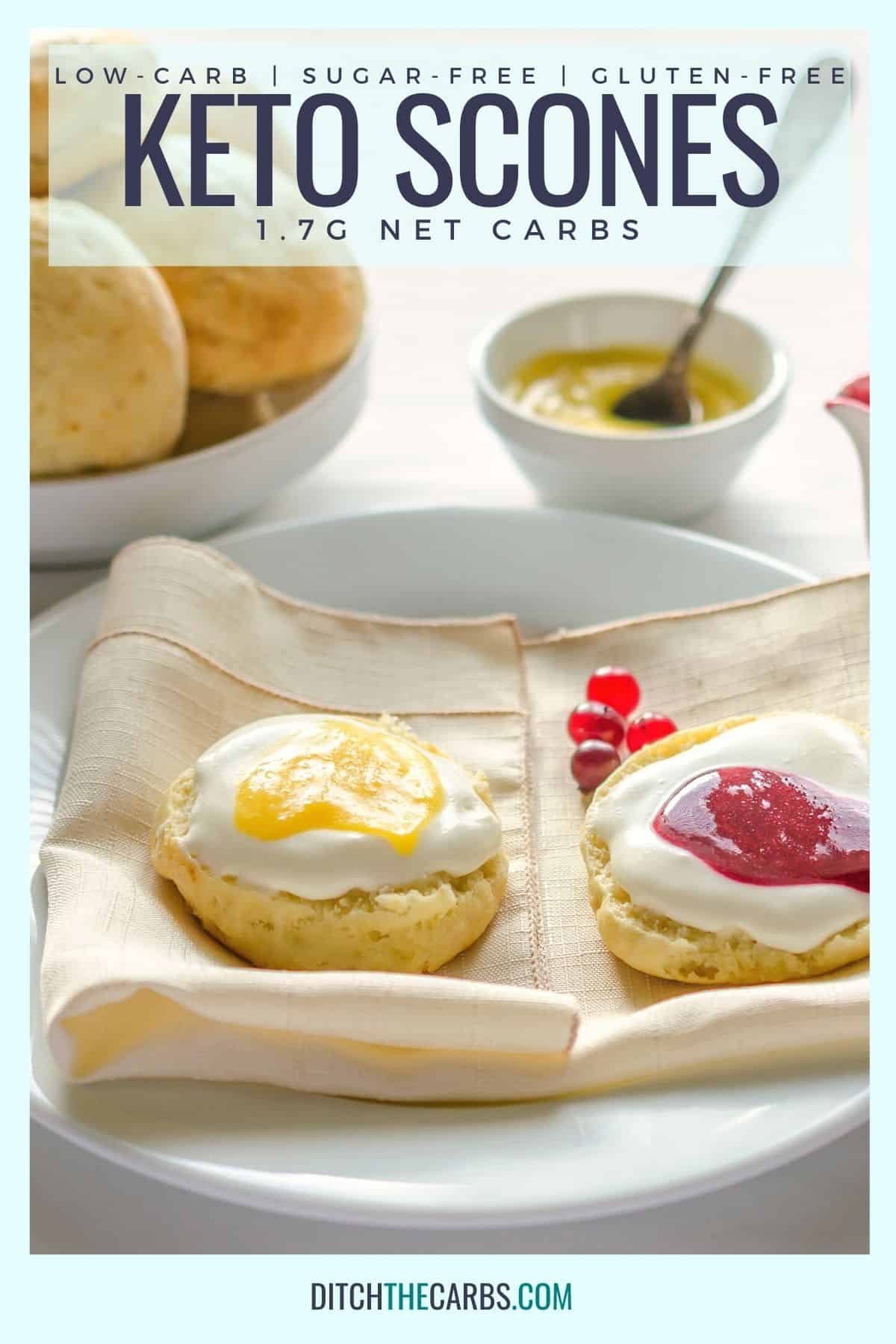 wheat free keto scones served with whipped cream and lemon curd
