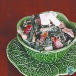 Spinach carbonara served in an antique cabbage bowl