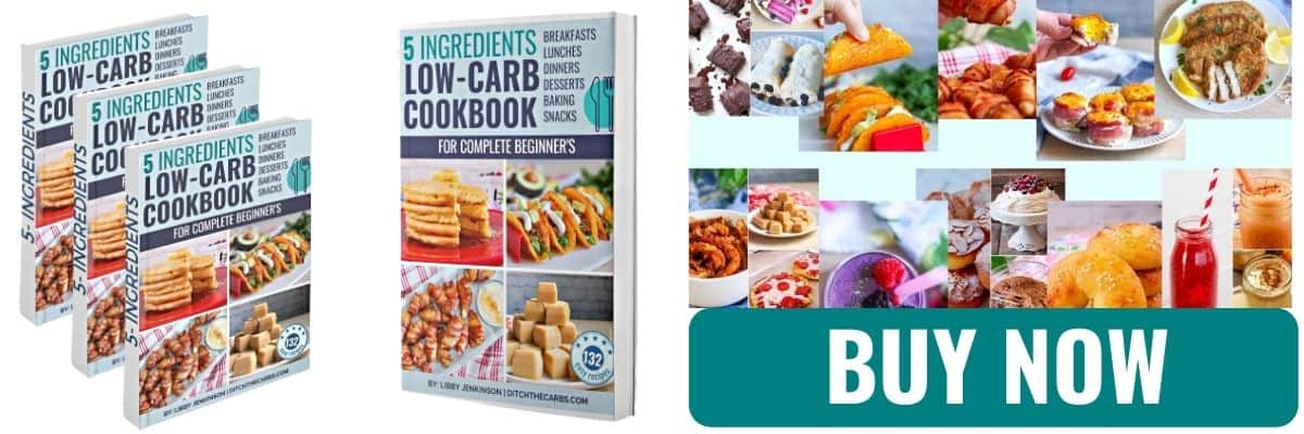 mockups of 5 Ingredients (Or Less) Low-Carb Cookbook on devices and printed cookbooks