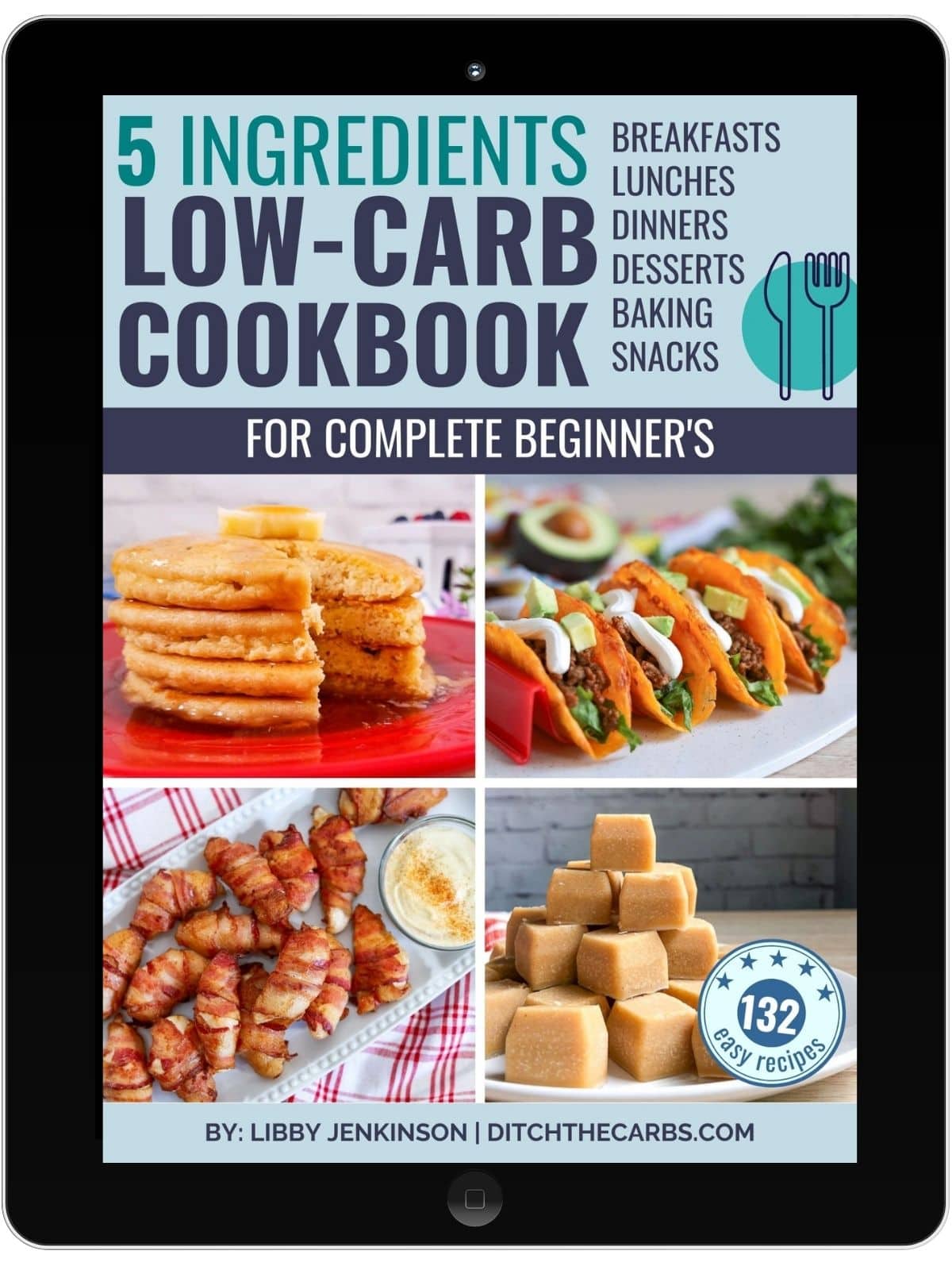 mockup of a low-carb cookbook on an ipad