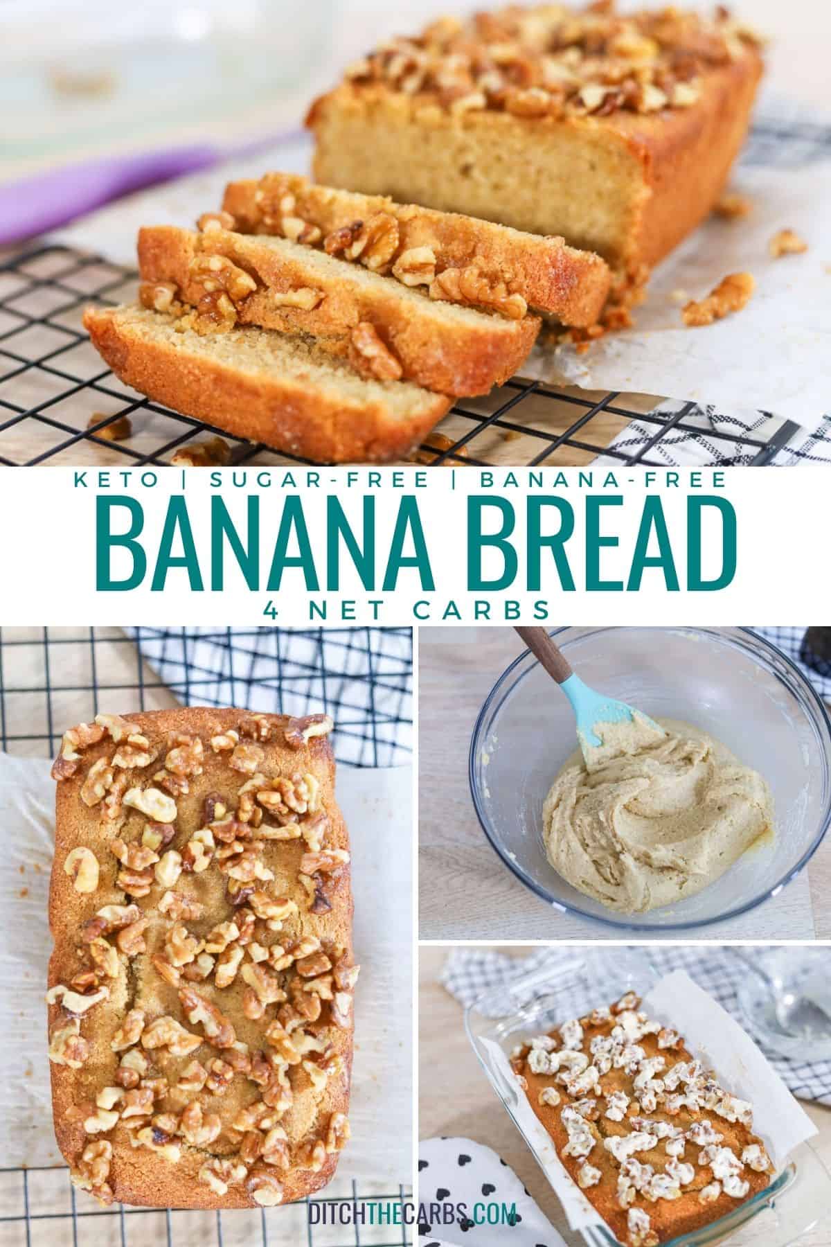 Collage of images showing how to make keto banana bread
