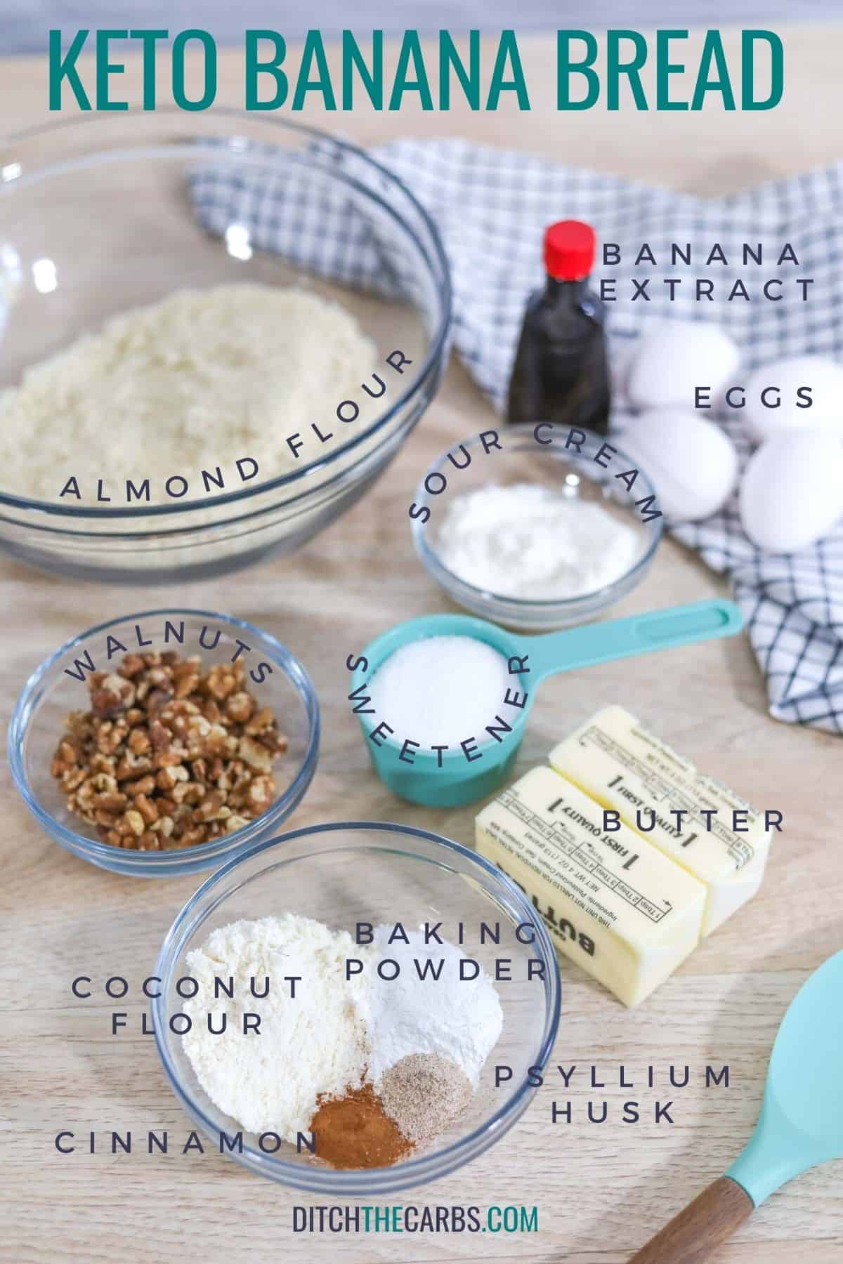 ingredients needed for keto banana bread - almond flour, coconut flour, eggs, sour cream, sweetener, walnuts, butter, spices
