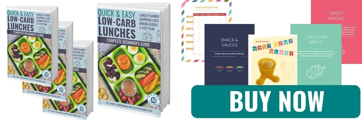 mockups of devices showing low-carb lunches cookbook and a buy now button