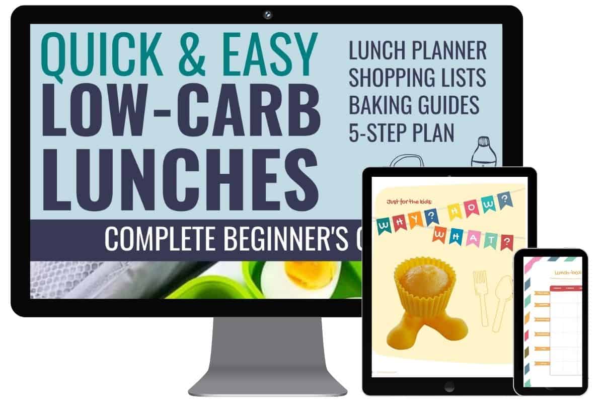 mockups of devices showing low-carb lunches cookbook